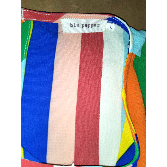 GUC Blu Pepper Rainbow Stripe Blouse Tie Front Flutter Sleeve Size Large (0252) - Picture 4 of 4